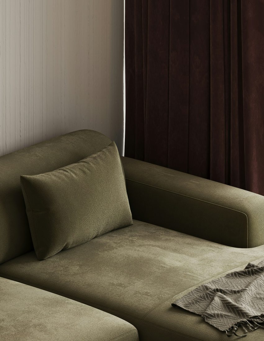 Détail d'un canapé contemporain en tissu vert olive avec coussin assorti, réalisé par l'agence d'architecture d'intérieur MyWay.